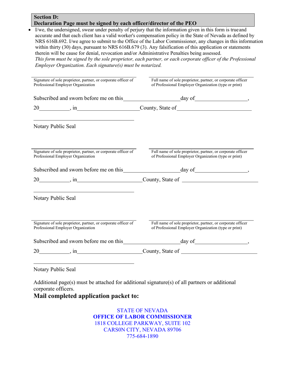 Application for Professional Employer Organization License - Nevada, Page 5
