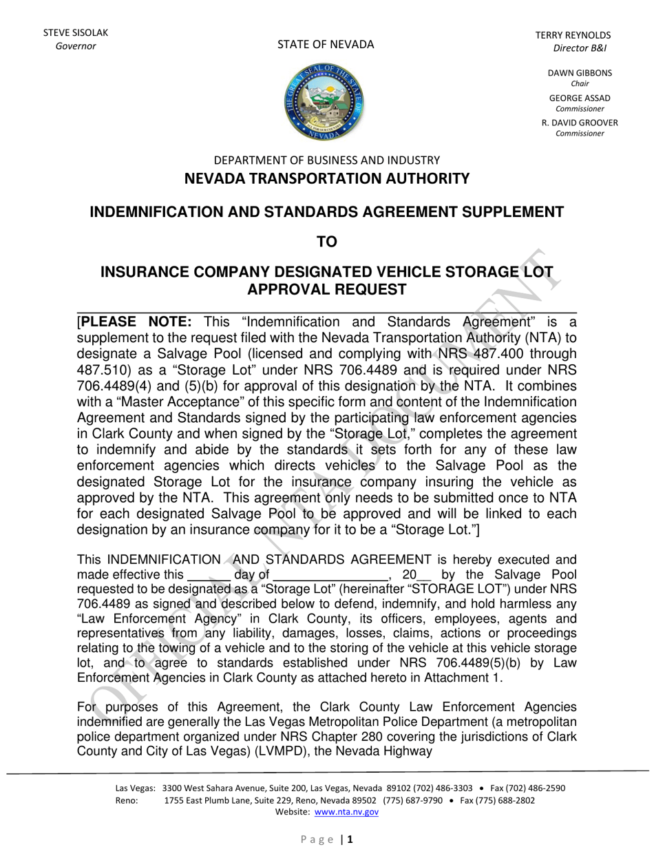 Indemnification and Standards Agreement Supplement to Insurance Company Designated Vehicle Storage Lot Approval Request - Nevada, Page 1