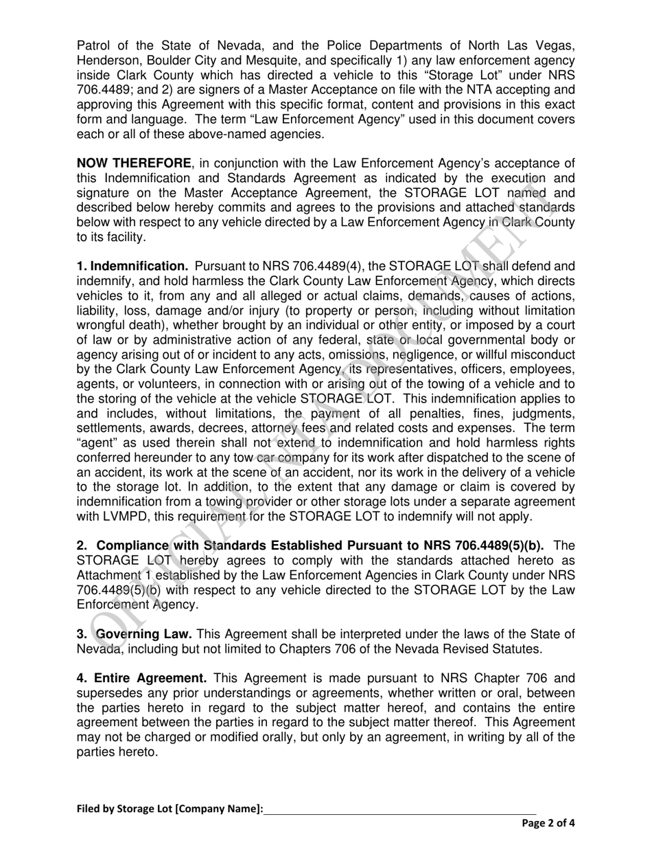 Indemnification and Standards Agreement Supplement to Insurance Company Designated Vehicle Storage Lot Approval Request - Nevada, Page 2