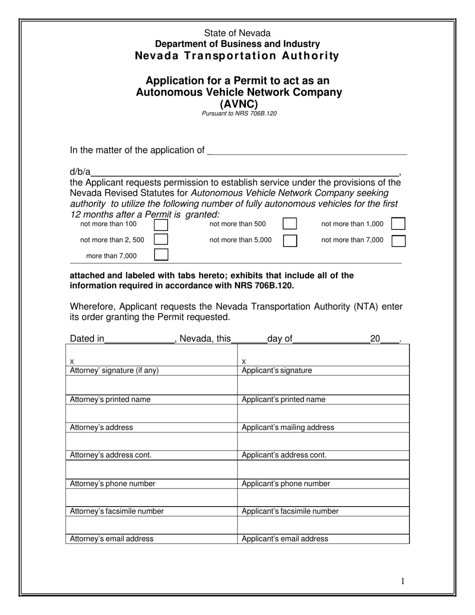 Application for a Permit to Act as an Autonomous Vehicle Network Company (Avnc) - Nevada, Page 1