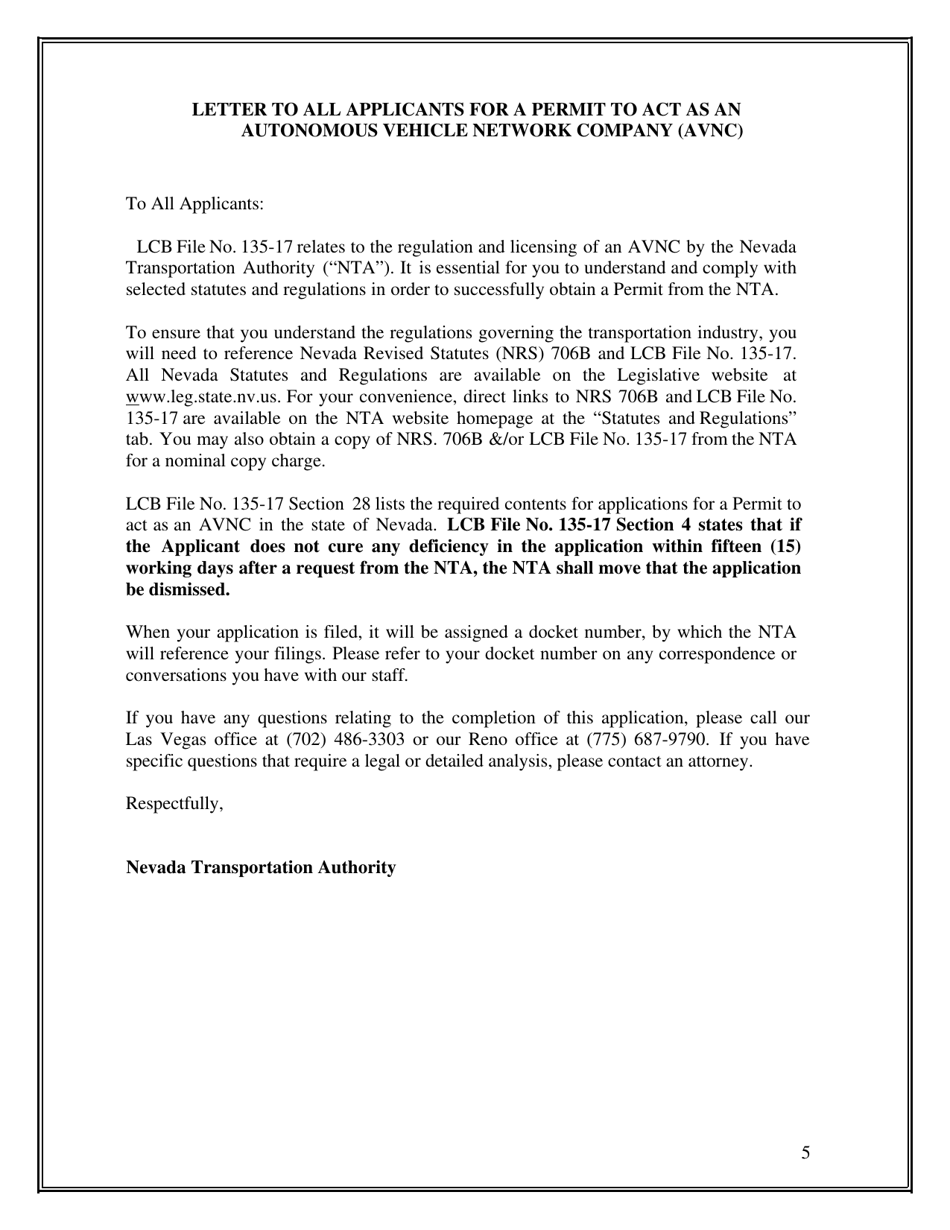 Application for a Permit to Act as an Autonomous Vehicle Network Company (Avnc) - Nevada, Page 5