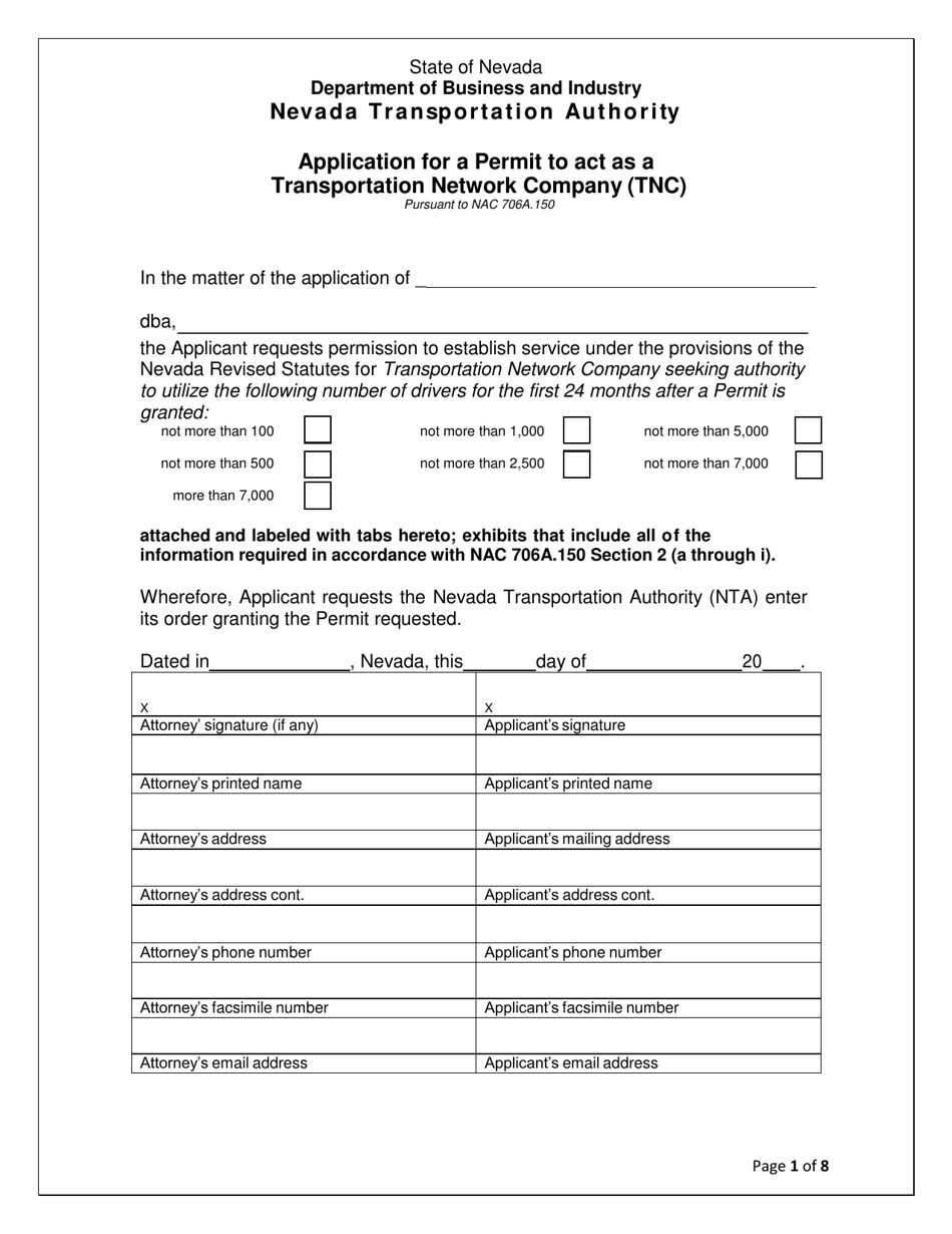 Application for a Permit to Act as a Transportation Network Company (Tnc) - Nevada, Page 1