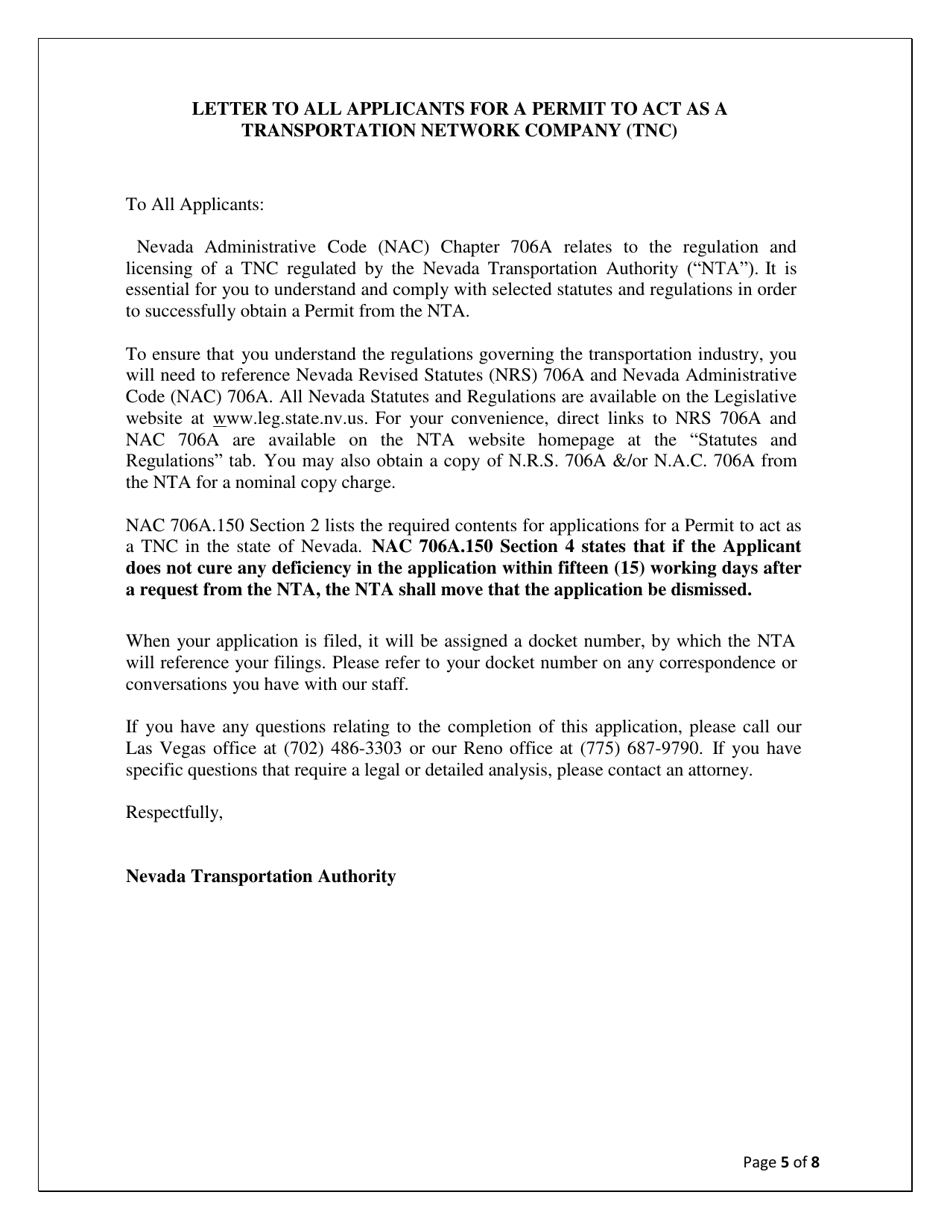 Application for a Permit to Act as a Transportation Network Company (Tnc) - Nevada, Page 5