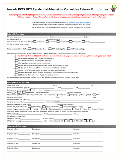 Nevada Dcfs Prtf Residential Admissions Committee Referral Form - Nevada Download Pdf