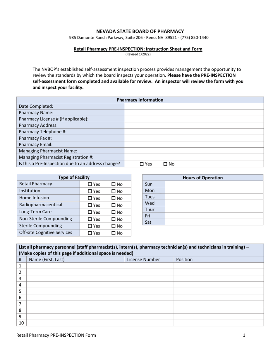 Retail Pharmacy Pre-inspection Form - Nevada, Page 1