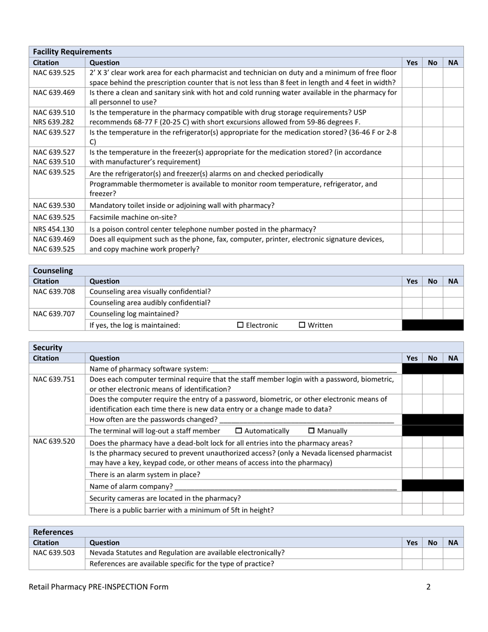 Nevada Retail Pharmacy Pre-inspection Form Download Fillable PDF 2020 ...