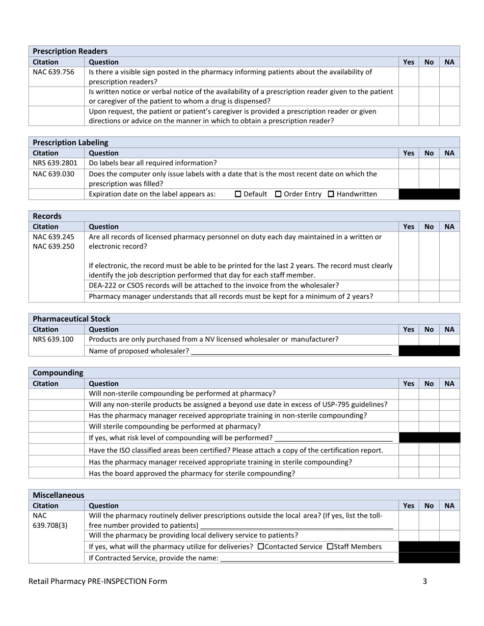 Nevada Retail Pharmacy Pre-inspection Form Download Fillable PDF 2020 ...