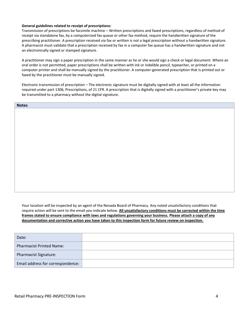 Retail Pharmacy Pre-inspection Form - Nevada, Page 4