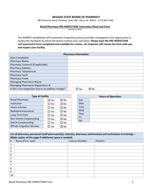 Retail Pharmacy Pre-inspection Form - Nevada Download Pdf