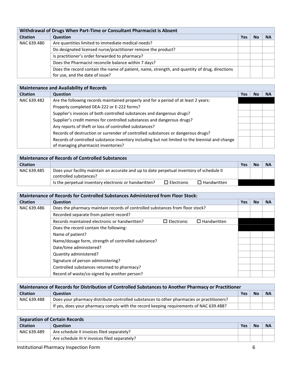 Institutional Pharmacy Inspection Form - Nevada, Page 6