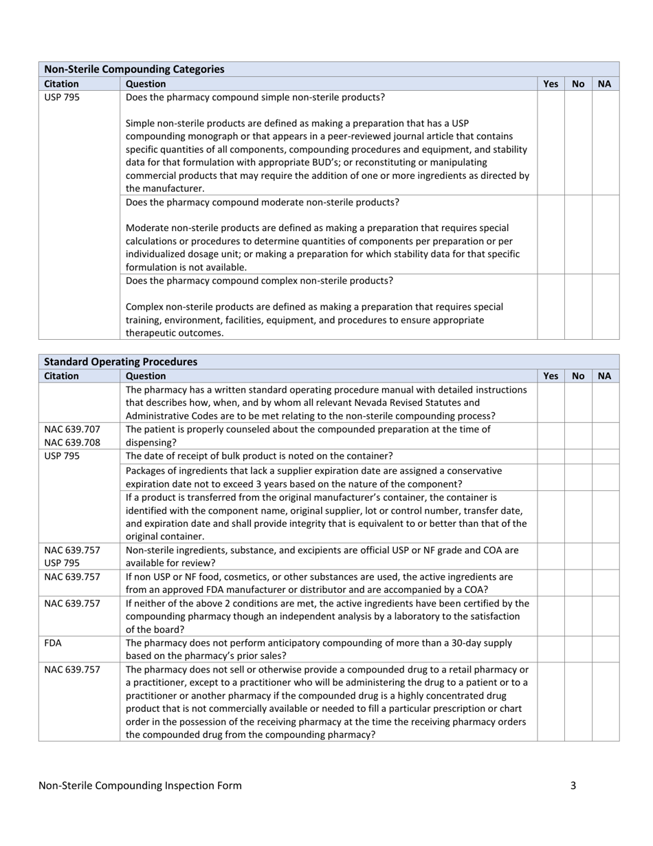 Nevada Non-sterile Compounding Inspection Form Download Fillable PDF ...