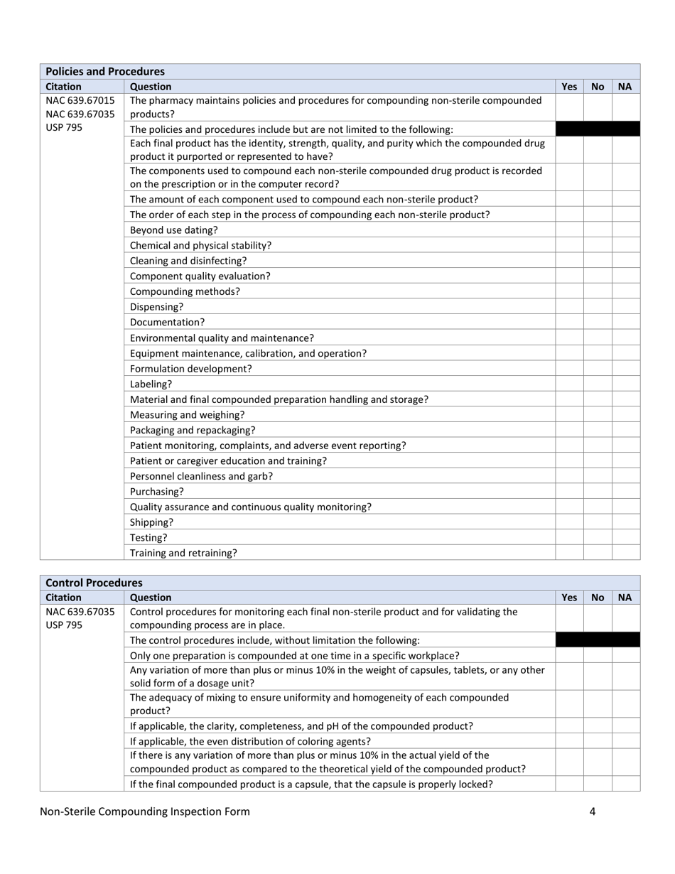 Nevada Non-sterile Compounding Inspection Form Download Fillable PDF ...