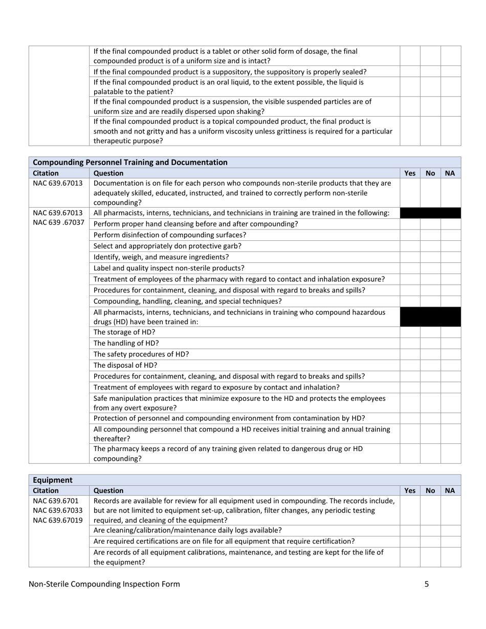 Nevada Non-sterile Compounding Inspection Form Download Fillable Pdf 