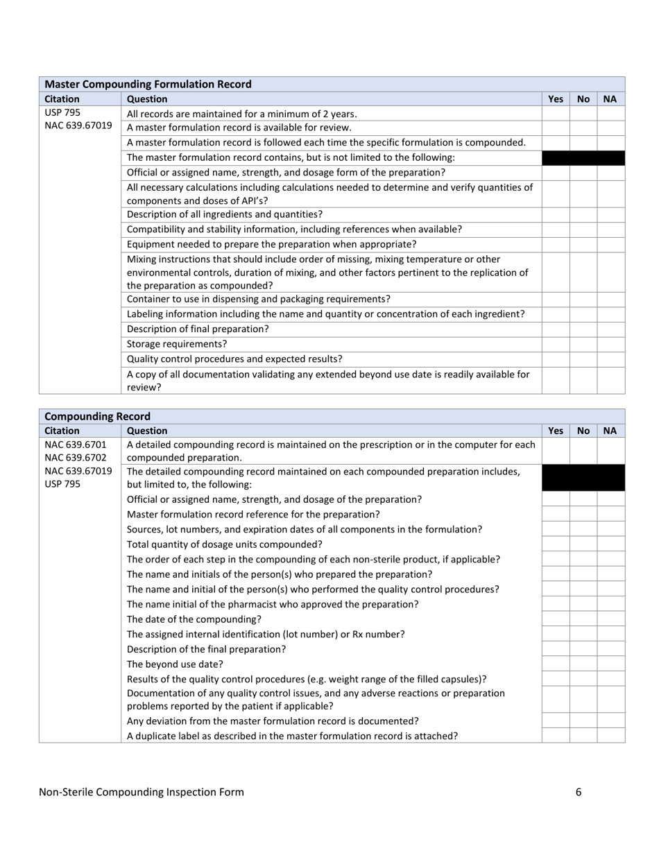 Non-sterile Compounding Inspection Form - Nevada, Page 6
