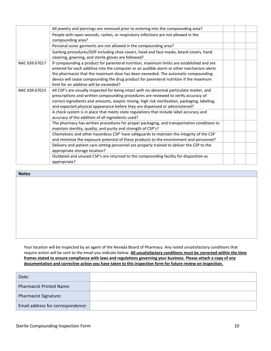 Nevada Sterile Compounding Inspection Form Download Fillable PDF 2020 ...