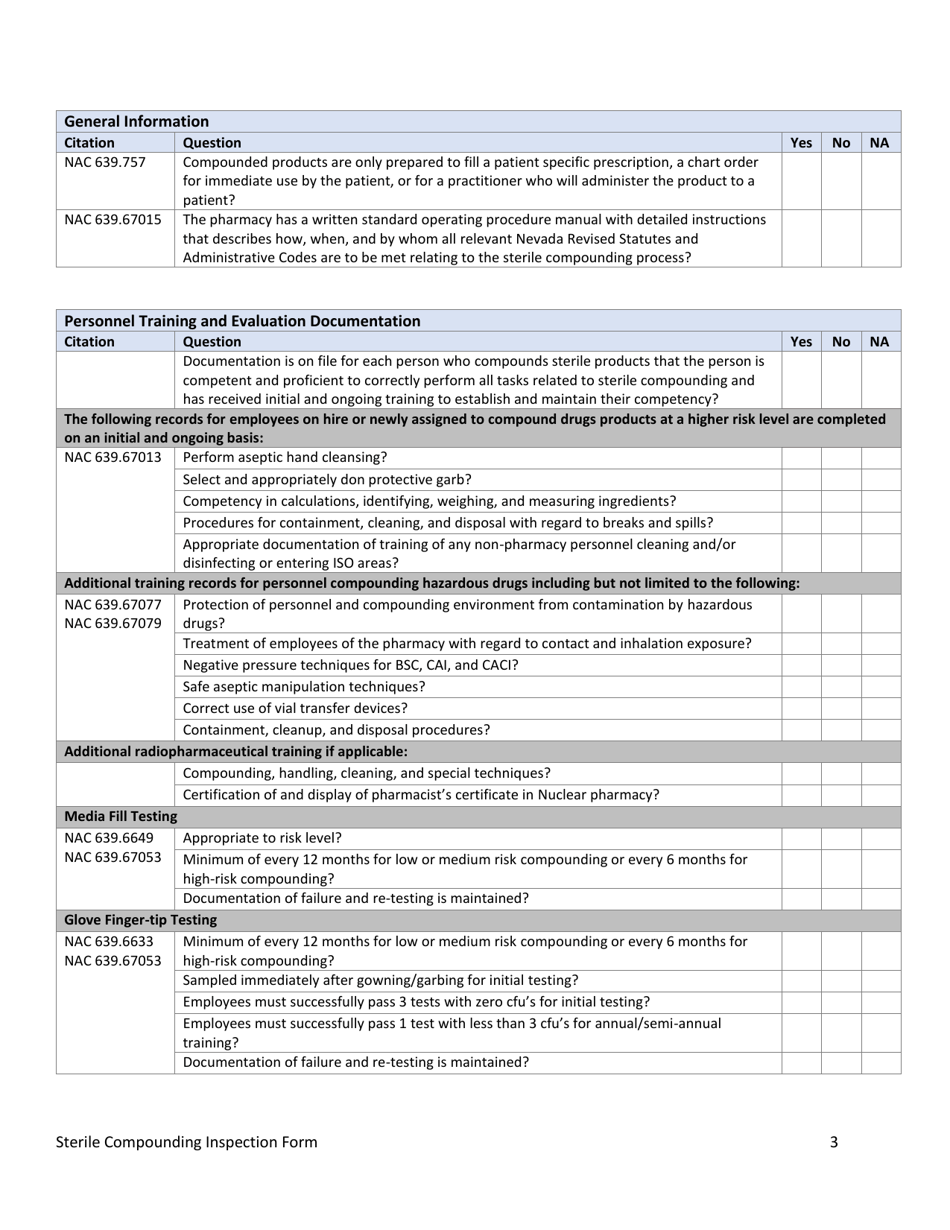 Nevada Sterile Compounding Inspection Form Download Fillable PDF 2020 ...