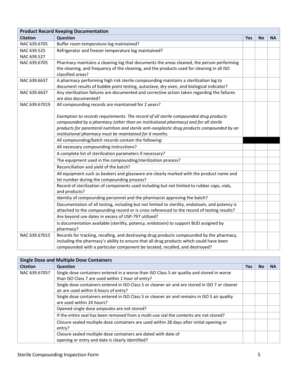 Nevada Sterile Compounding Inspection Form Download Fillable PDF 2020 ...