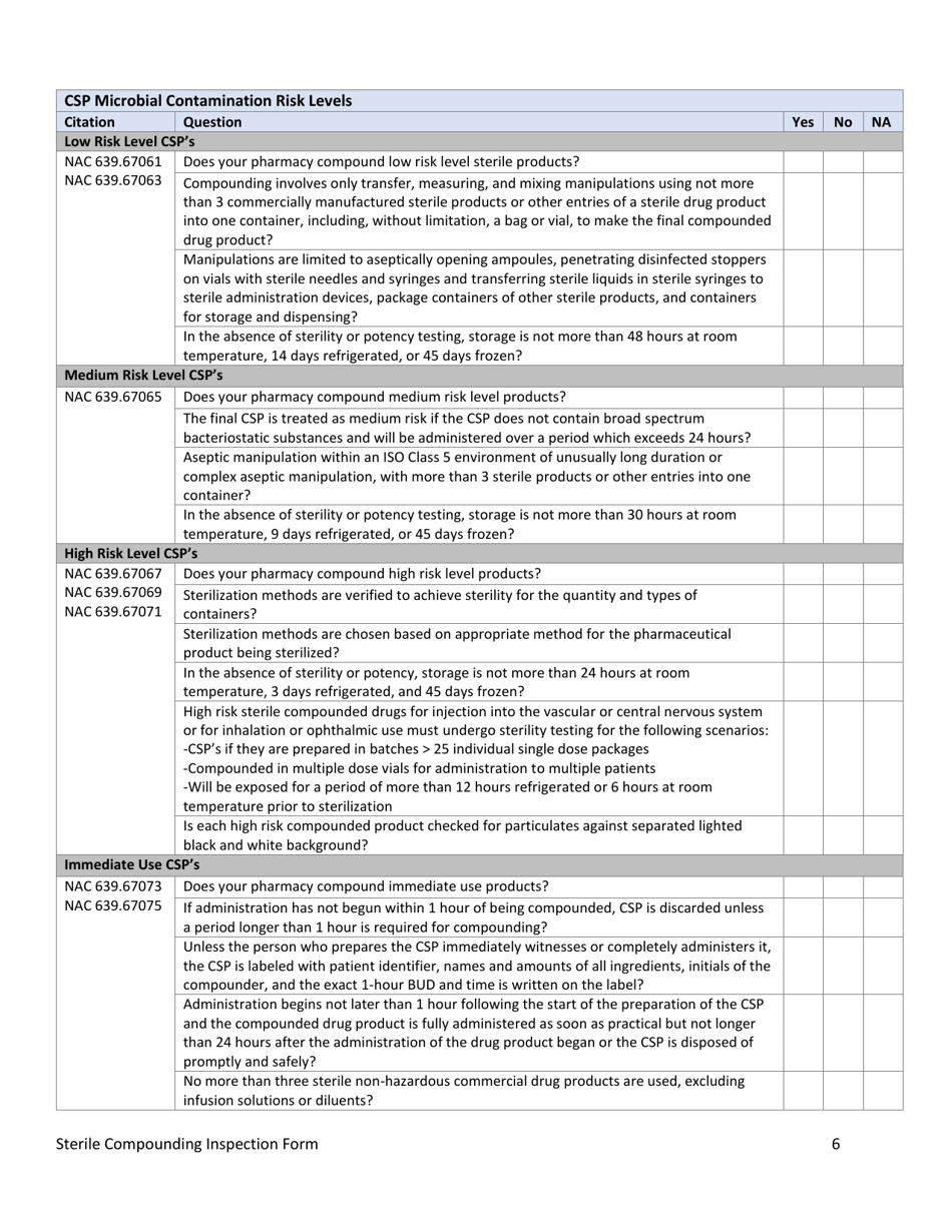 Nevada Sterile Compounding Inspection Form Download Fillable PDF 2020 ...