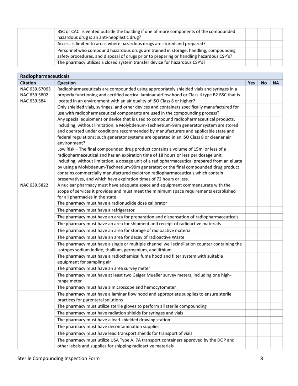 Nevada Sterile Compounding Inspection Form Download Fillable PDF 2020 ...