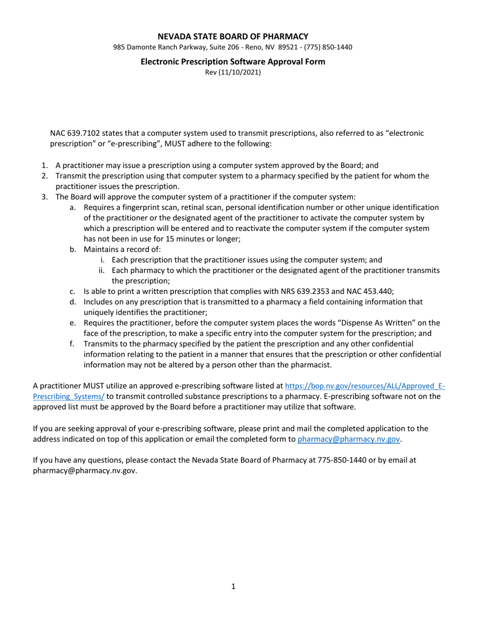 Nevada Electronic Prescription Software Approval Form Fill Out, Sign