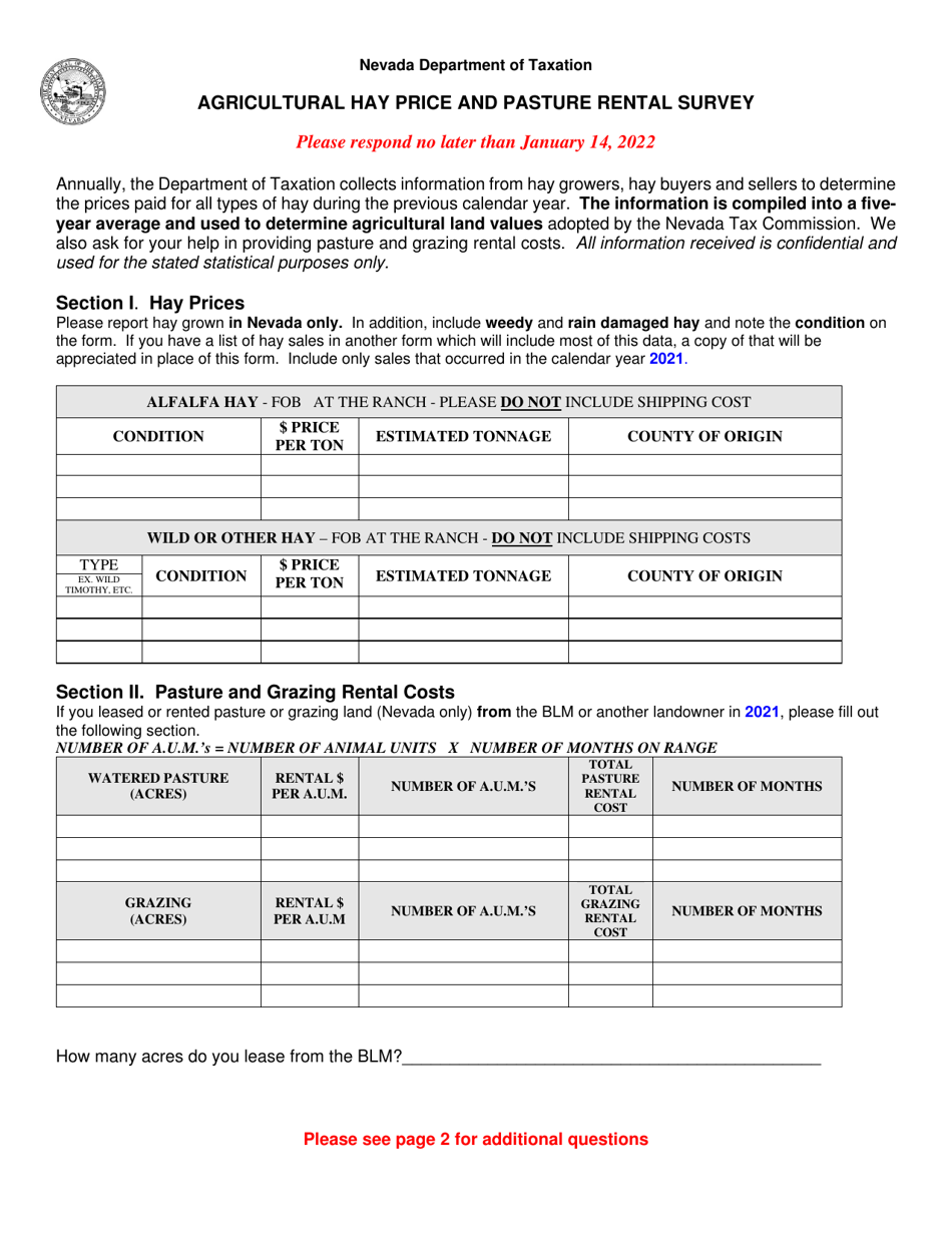 Agricultural Hay Price and Pasture Rental Survey - Nevada, Page 1