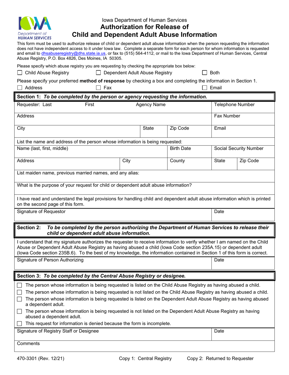 Form 470-3301 Authorization for Release of Child and Dependent Adult Abuse Information - Iowa, Page 1