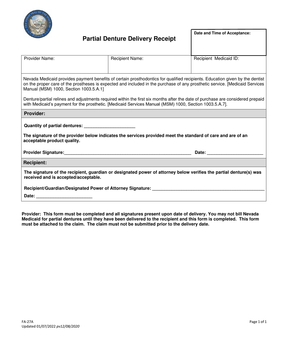 Form FA-27A Partial Denture Delivery Receipt - Nevada, Page 1