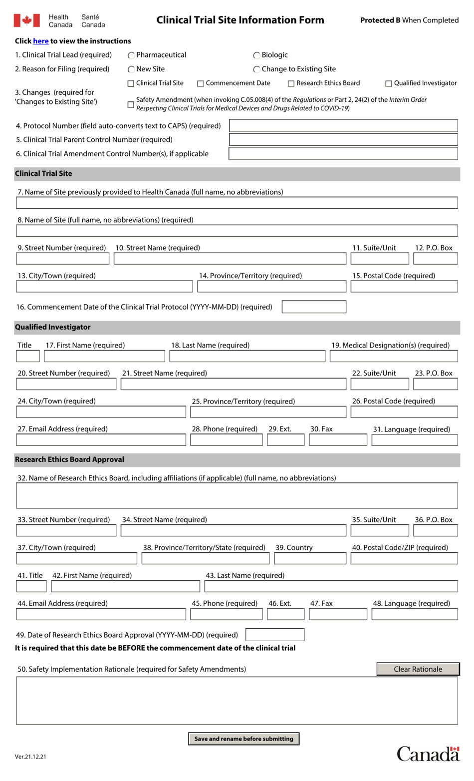 Clinical Trial Site Information Form - Canada, Page 1