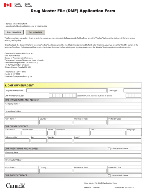 Drug Master File (Dmf) Application Form - Canada Download Pdf