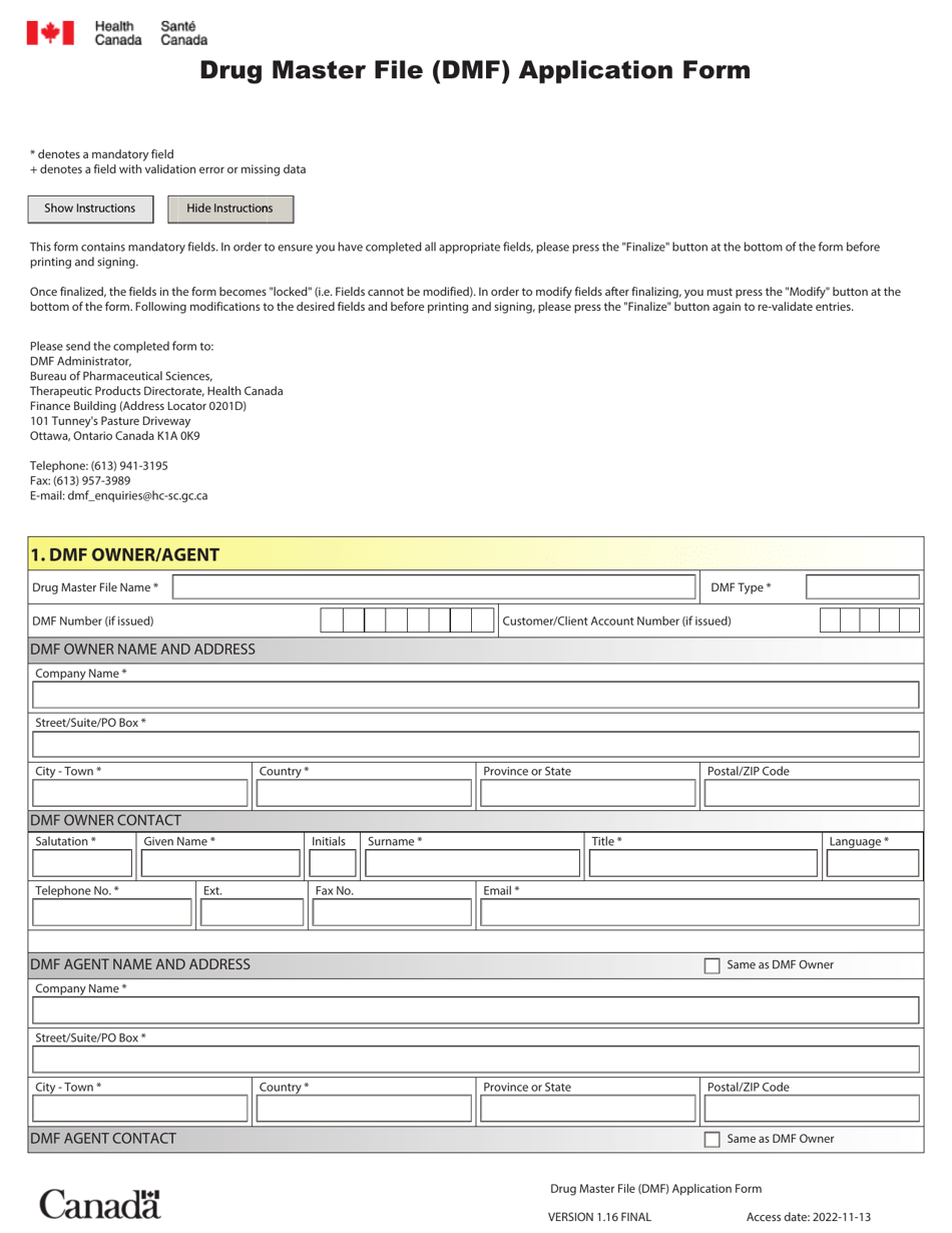 Drug Master File (Dmf) Application Form - Canada, Page 1