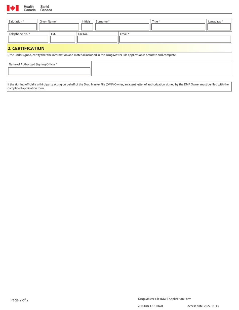 Drug Master File (Dmf) Application Form - Canada, Page 2