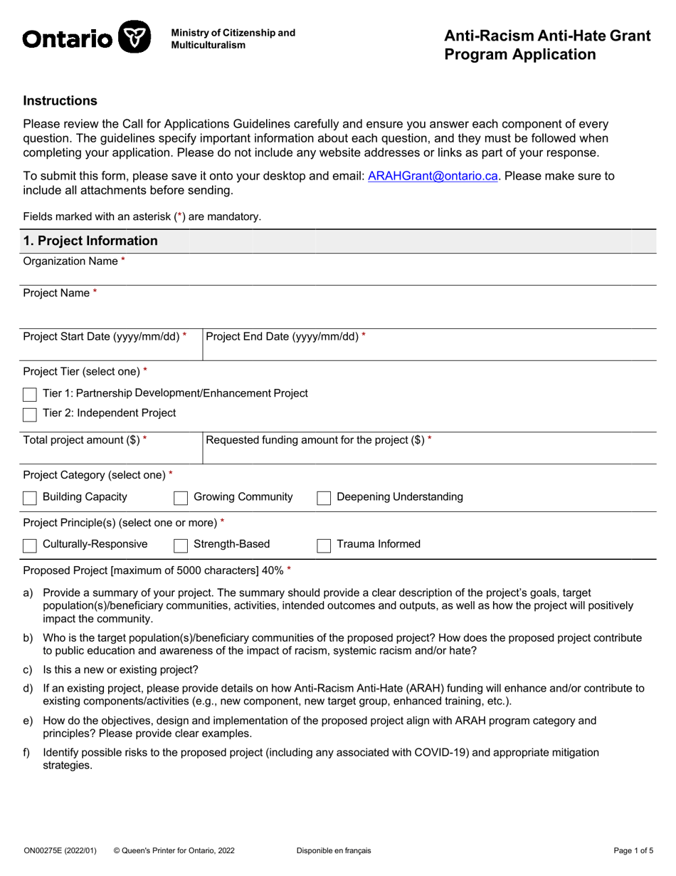 Form ON00275E Anti-racism Anti-hate Grant Program Application - Ontario, Canada, Page 1