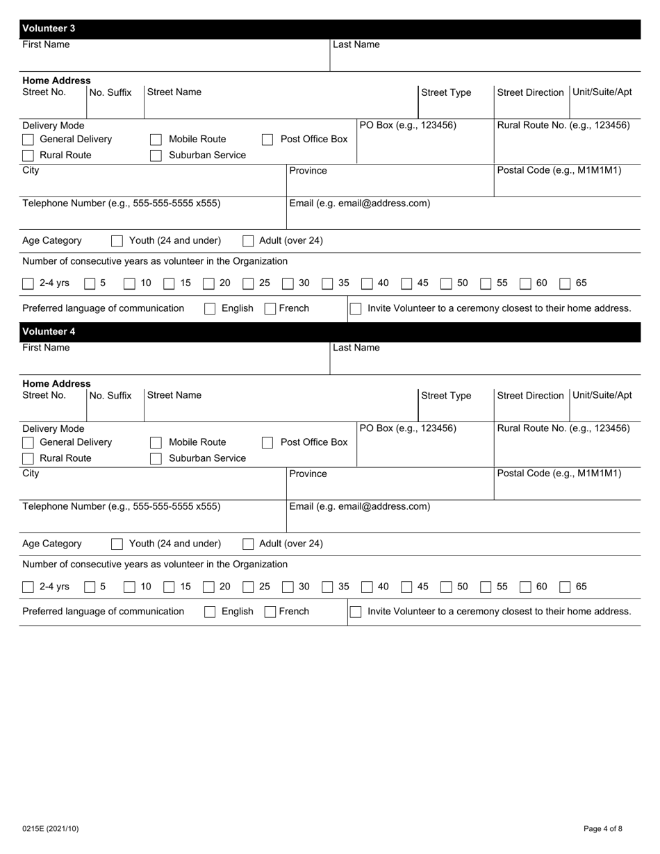 Form 0215E Volunteer Service Awards - Ontario, Canada, Page 4