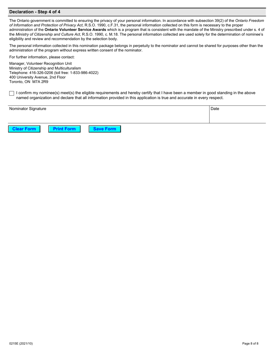 Form 0215E Volunteer Service Awards - Ontario, Canada, Page 8