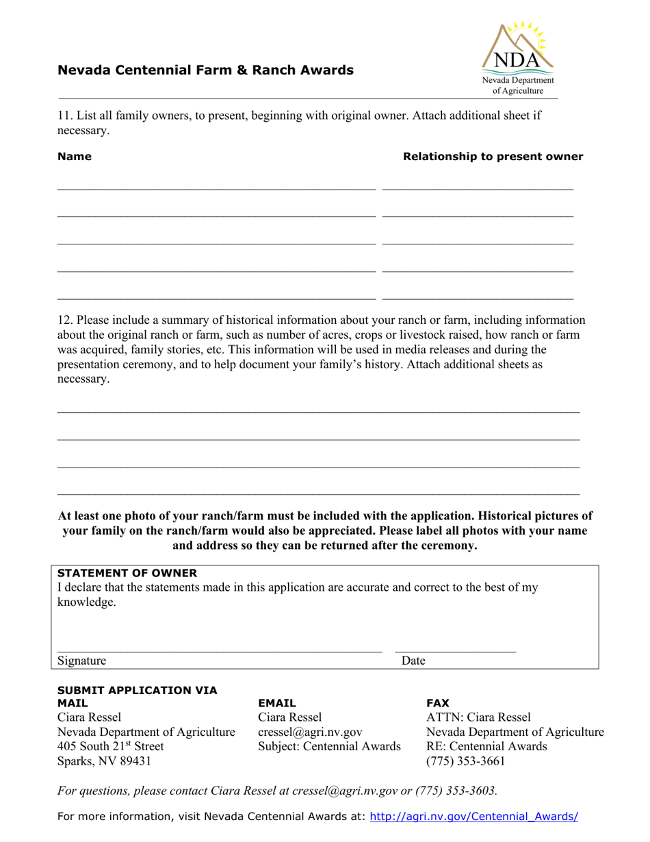 Nevada Centennial Farm  Ranch Awards Application - Nevada, Page 2