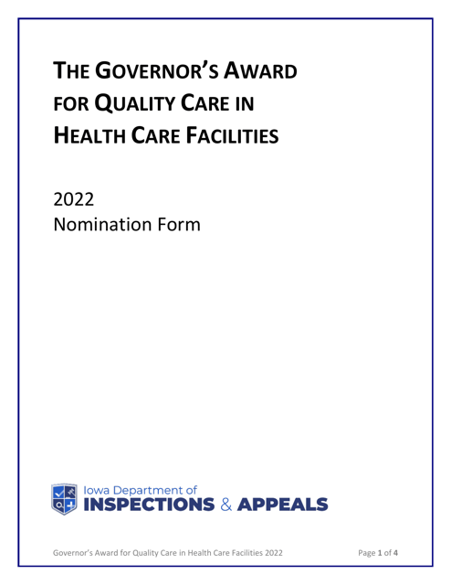 Governor's Award for Quality Care in Health Care Facilities Nomination Form - Iowa Download Pdf