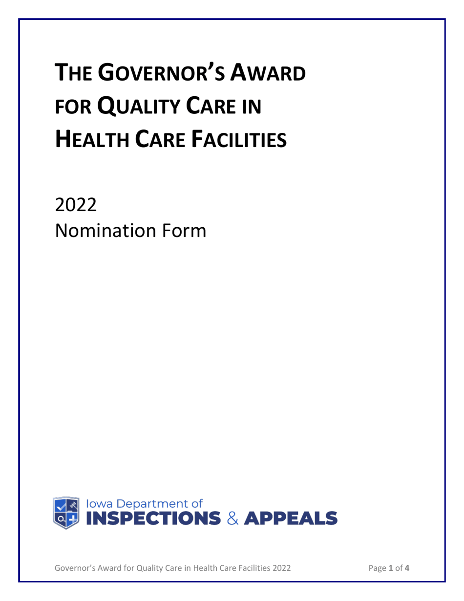 Governors Award for Quality Care in Health Care Facilities Nomination Form - Iowa, Page 1