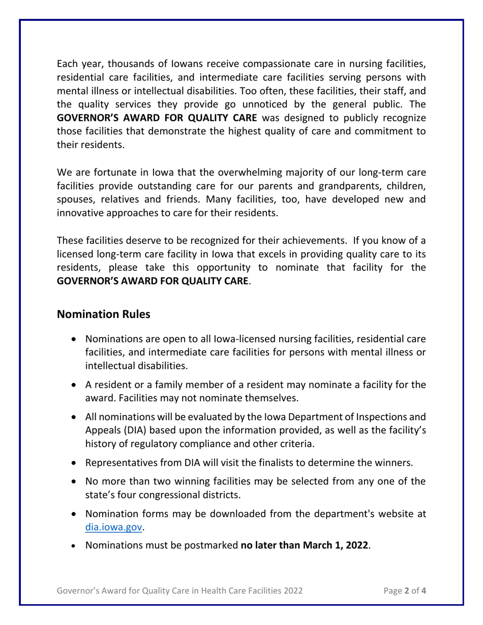 Governors Award for Quality Care in Health Care Facilities Nomination Form - Iowa, Page 2
