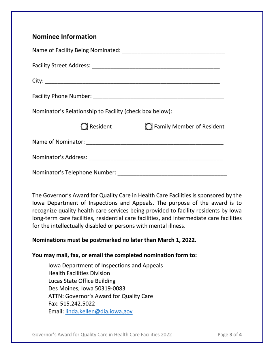 Governors Award for Quality Care in Health Care Facilities Nomination Form - Iowa, Page 3