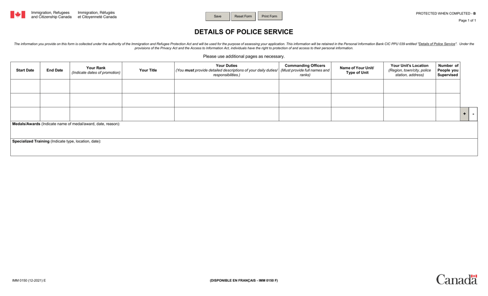 Form IMM0150 Details of Police Service - Canada, Page 1