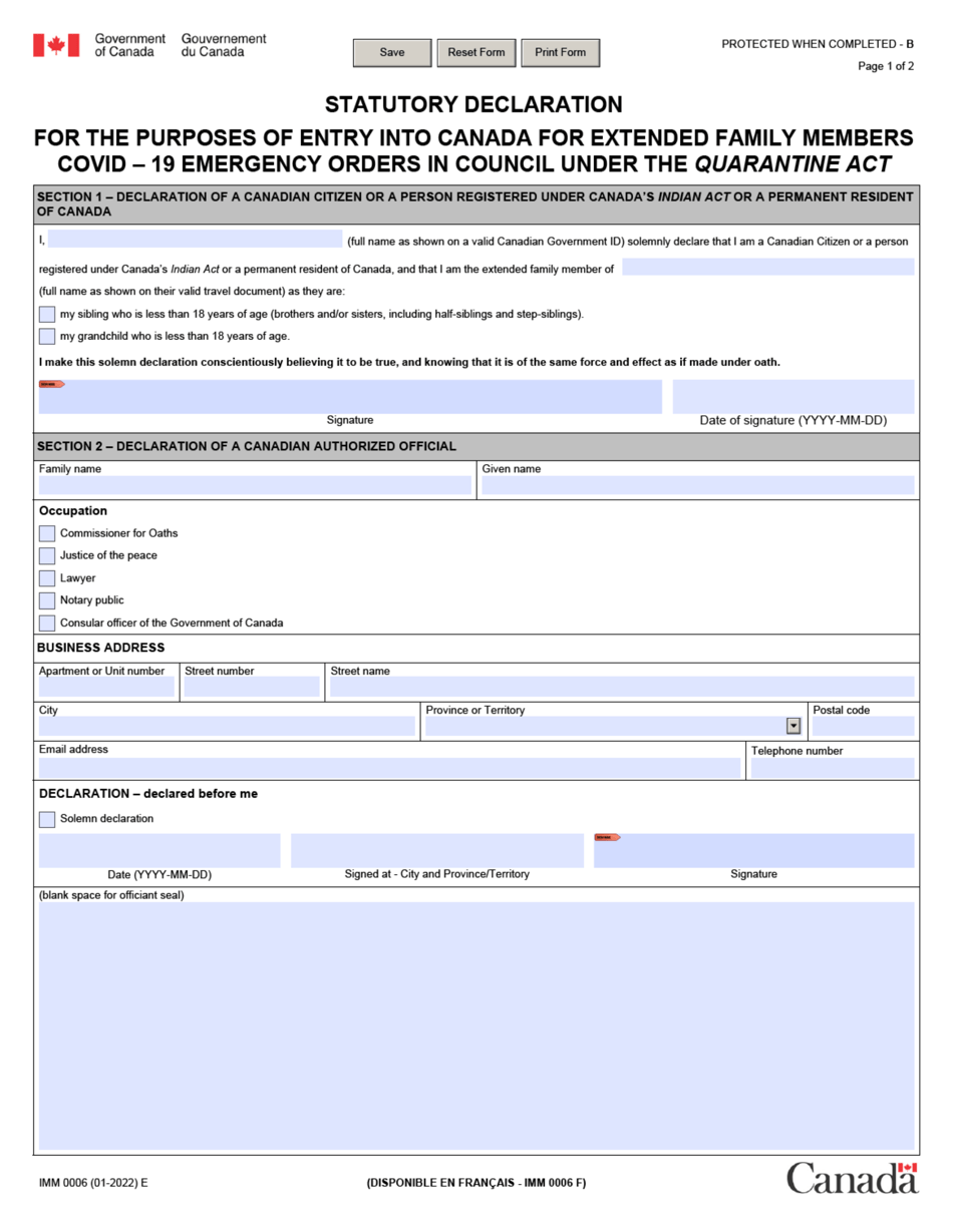 Form IMM0006 Statutory Declaration for the Purpose of Entry Into Canada for Extended Family Members Covid-19 Emergency Orders in Council Under the Quarantine Act - Canada, Page 1