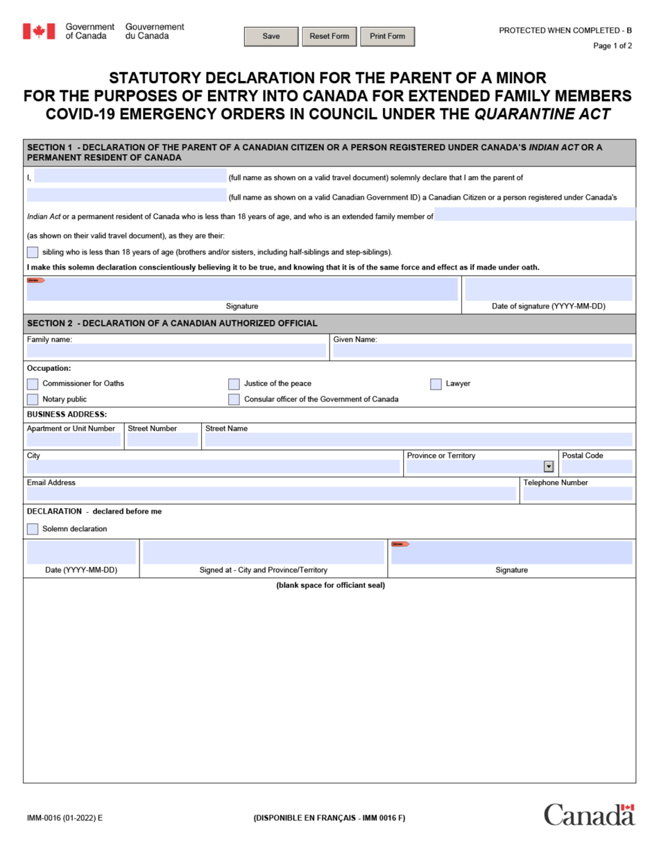 Form IMM0016 Statutory Declaration for the Parent of a Minor for the Purposes of Entry Into Canada for Extended Family Members Covid-19 Emergency Orders in Council Under the Quarantine Act - Canada, Page 1