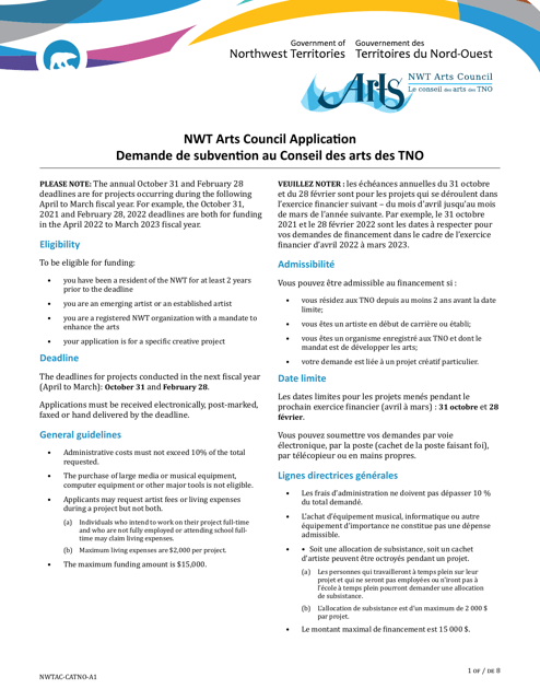 Nwt Arts Council Application - Northwest Territories, Canada (English / French) Download Pdf