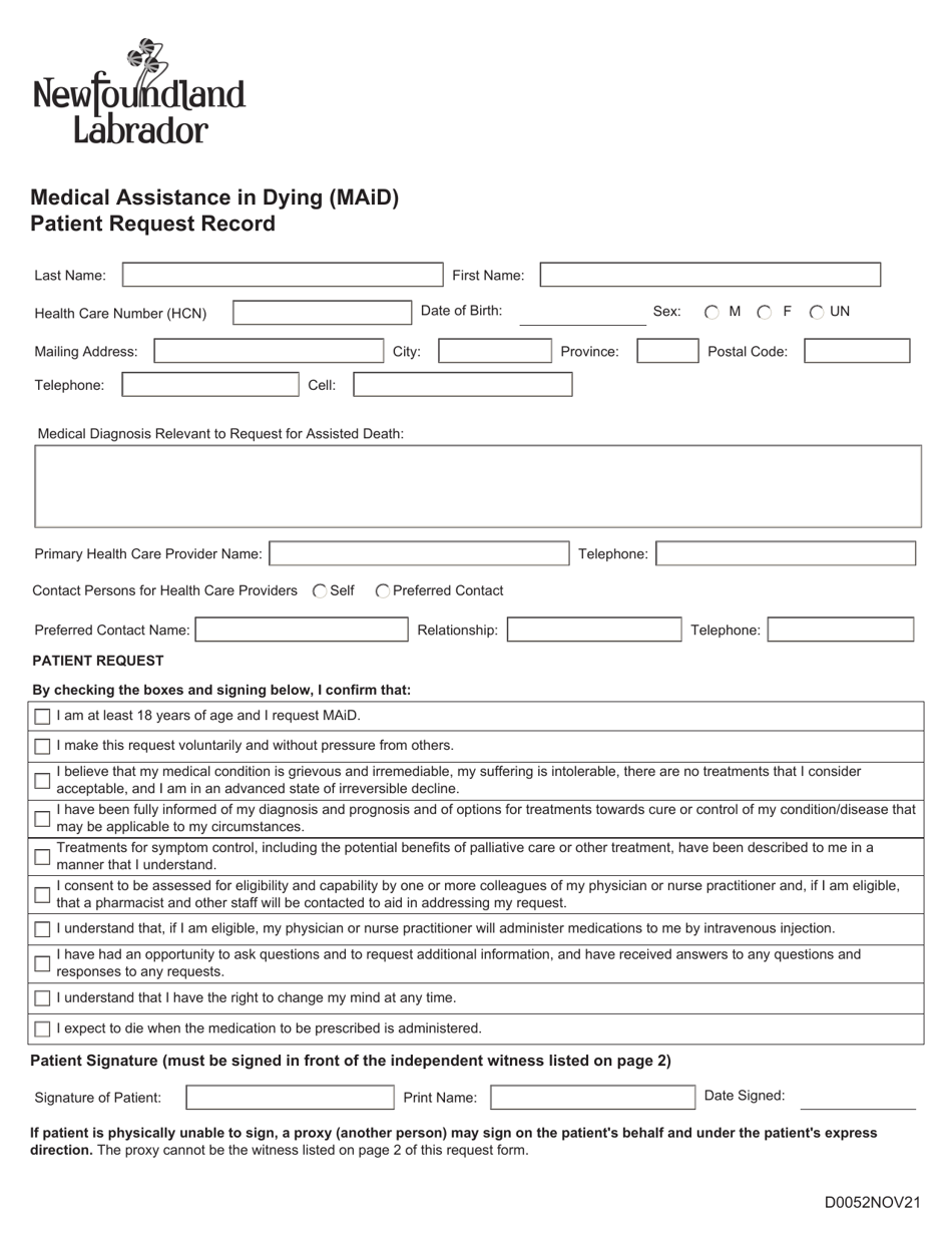 Form D0052 Medical Assistance in Dying (Maid) Patient Request Record - Newfoundland and Labrador, Canada, Page 1