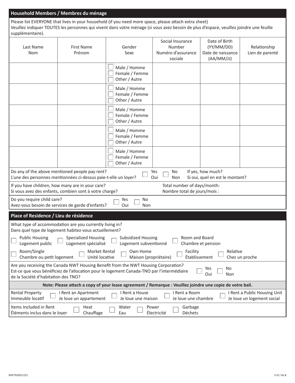 Form NWT9209 Application for Income Assistance - Northwest Territories, Canada (English / French), Page 3