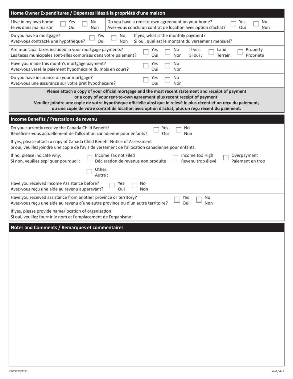 Form NWT9209 Application for Income Assistance - Northwest Territories, Canada (English / French), Page 4