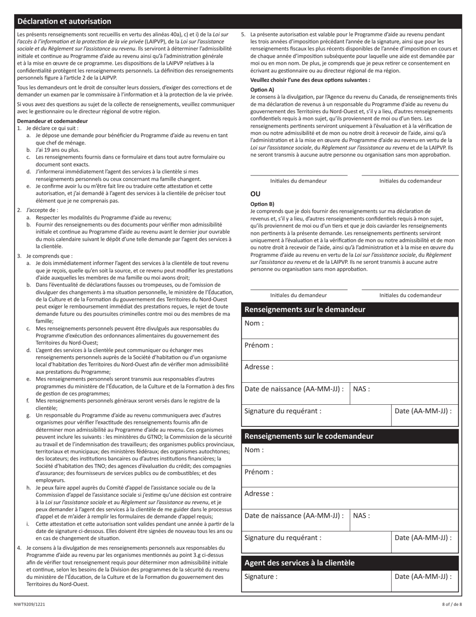 Form NWT9209 Application for Income Assistance - Northwest Territories, Canada (English / French), Page 8