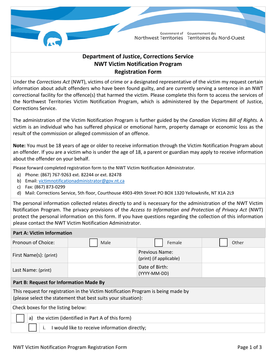 Registration Form - Nwt Victim Notification Program - Northwest Territories, Canada, Page 1