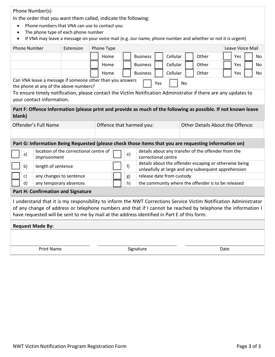 Registration Form - Nwt Victim Notification Program - Northwest Territories, Canada, Page 3