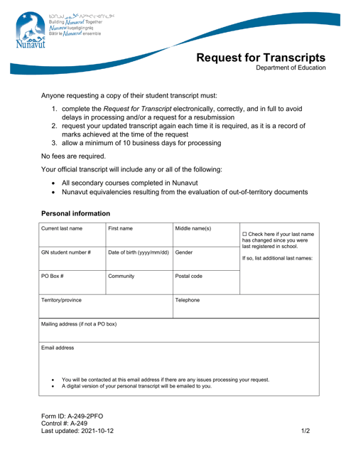 Form A-249-2PFO Request for Transcripts - Nunavut, Canada